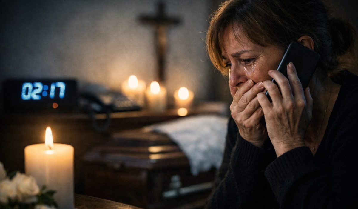 Femme en deuil appelant des pompes funèbres la nuit après un décès à domicile