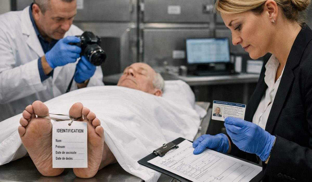 Professionnels en chambre funéraire effectuant la procédure d’identification d’un défunt avant la prise en charge funéraire