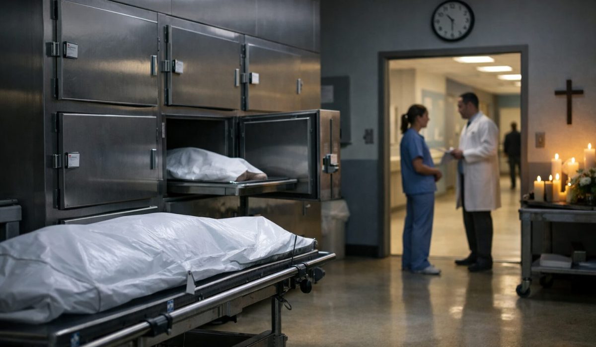 Chambre mortuaire à l’hôpital pendant le week-end avec personnel soignant et espace de recueillement