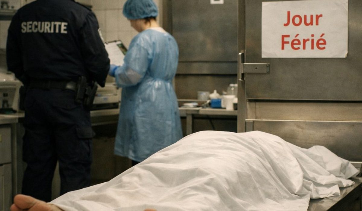 Chambre mortuaire d’un hôpital un jour férié avec personnel hospitalier en gestion post-décès