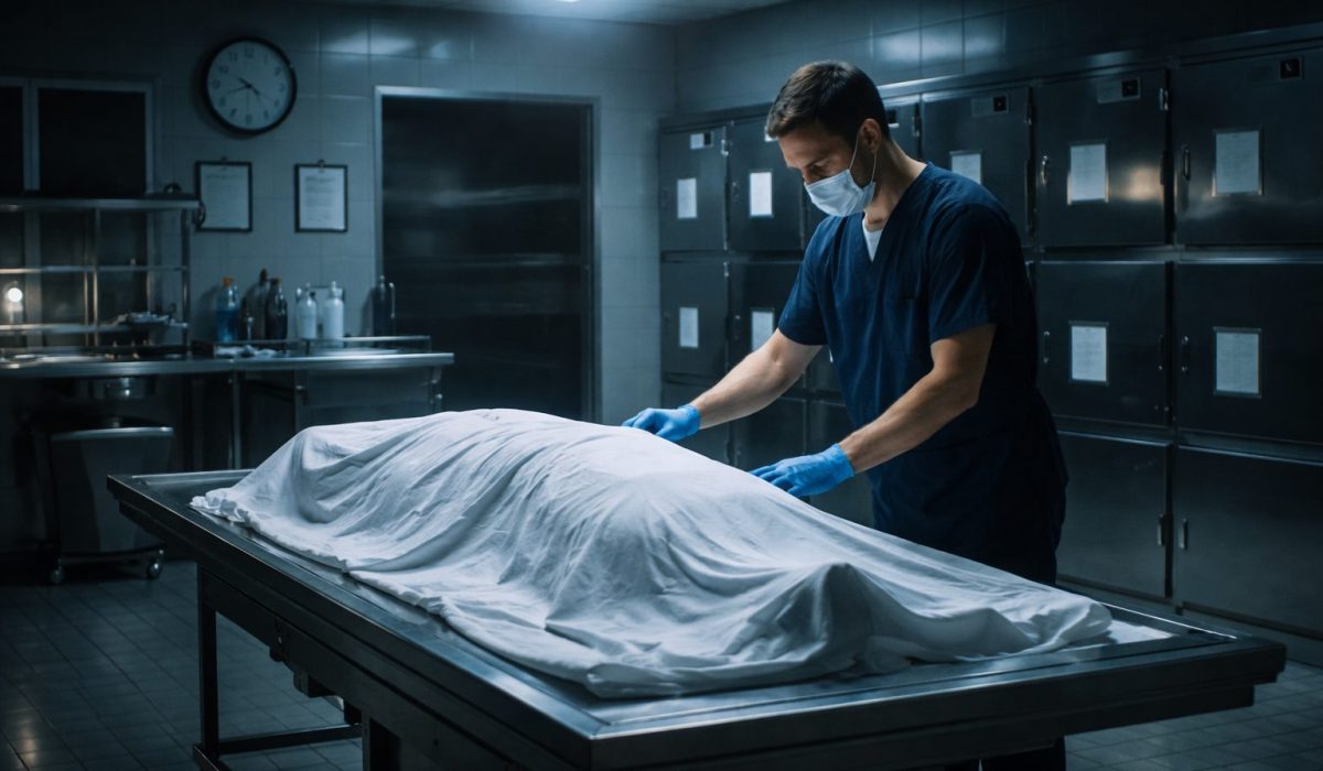 Agent de morgue assurant la prise en charge d’un défunt dans une morgue hospitalière opérationnelle 24h sur 24