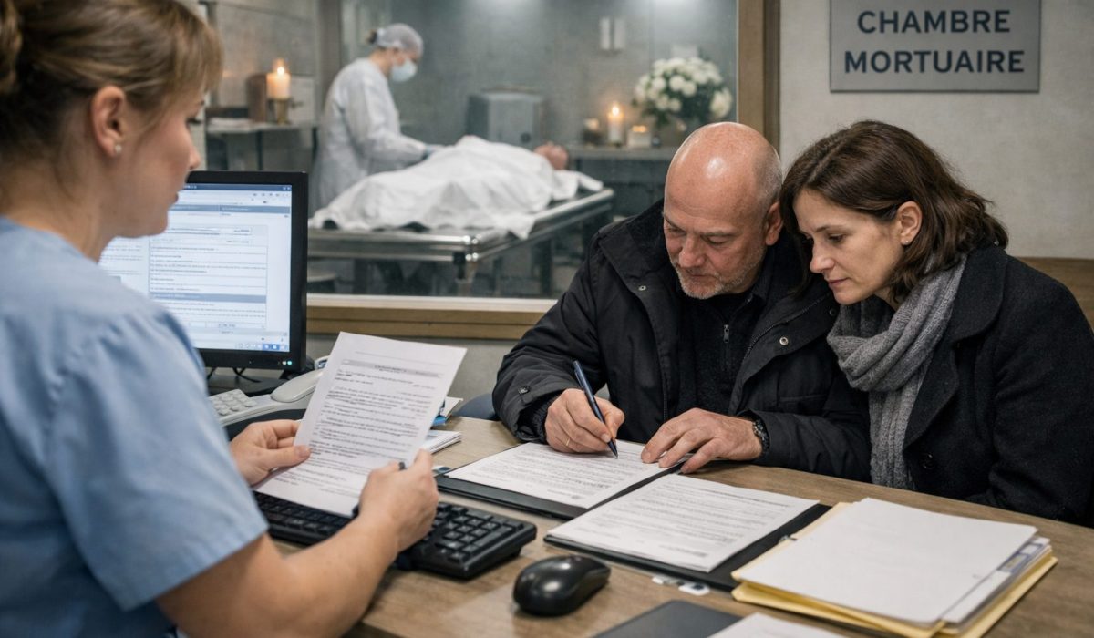 Personnel de chambre mortuaire accompagnant une famille dans les démarches administratives urgentes après un décès