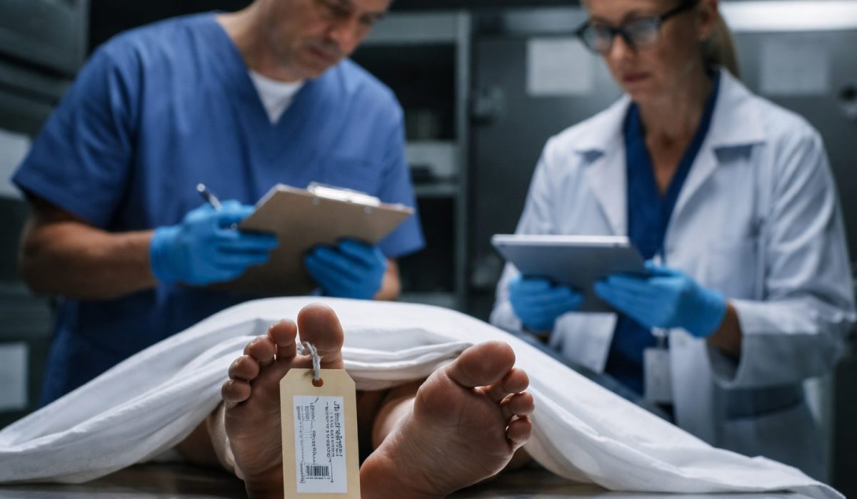 Personnel de chambre mortuaire vérifiant plusieurs fois l’identité d’un corps avant sa prise en charge funéraire