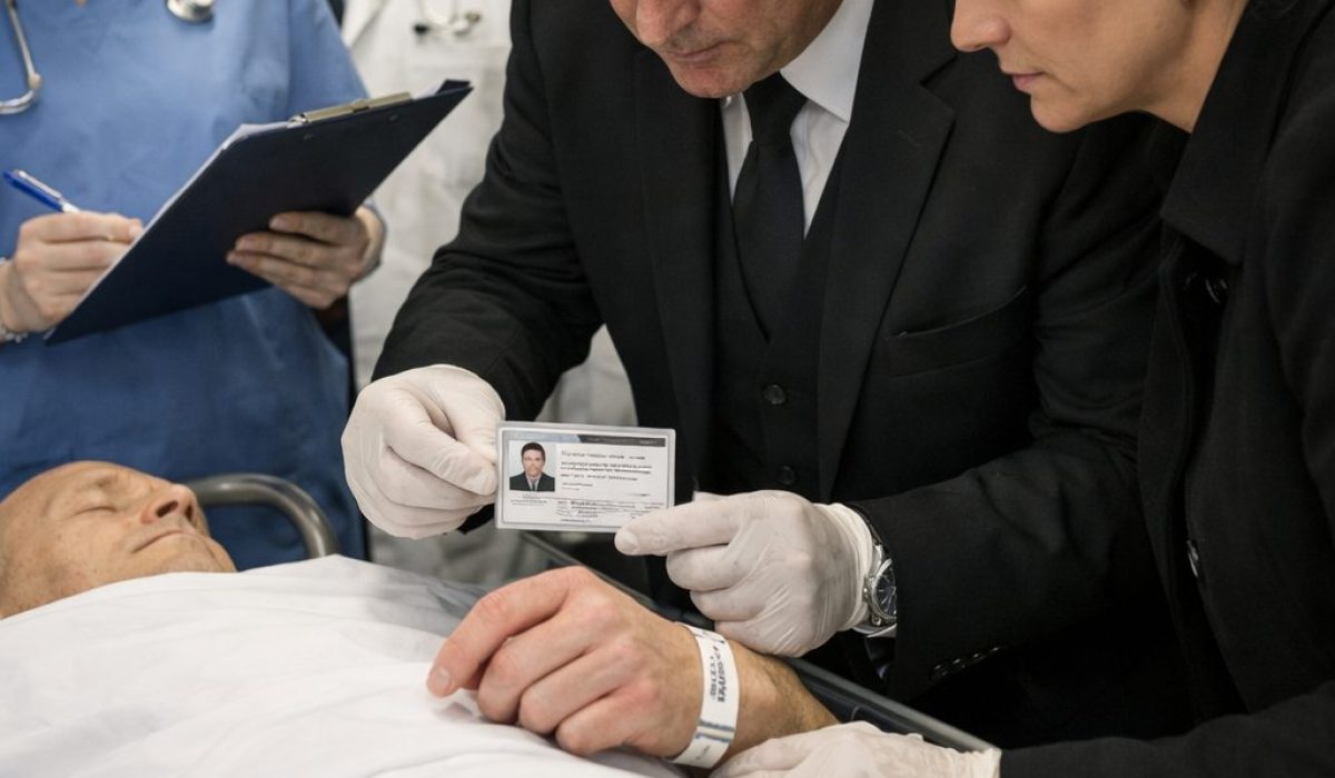 Professionnels des pompes funèbres et personnel hospitalier vérifiant l’identité du défunt à l’hôpital avant la prise en charge funéraire