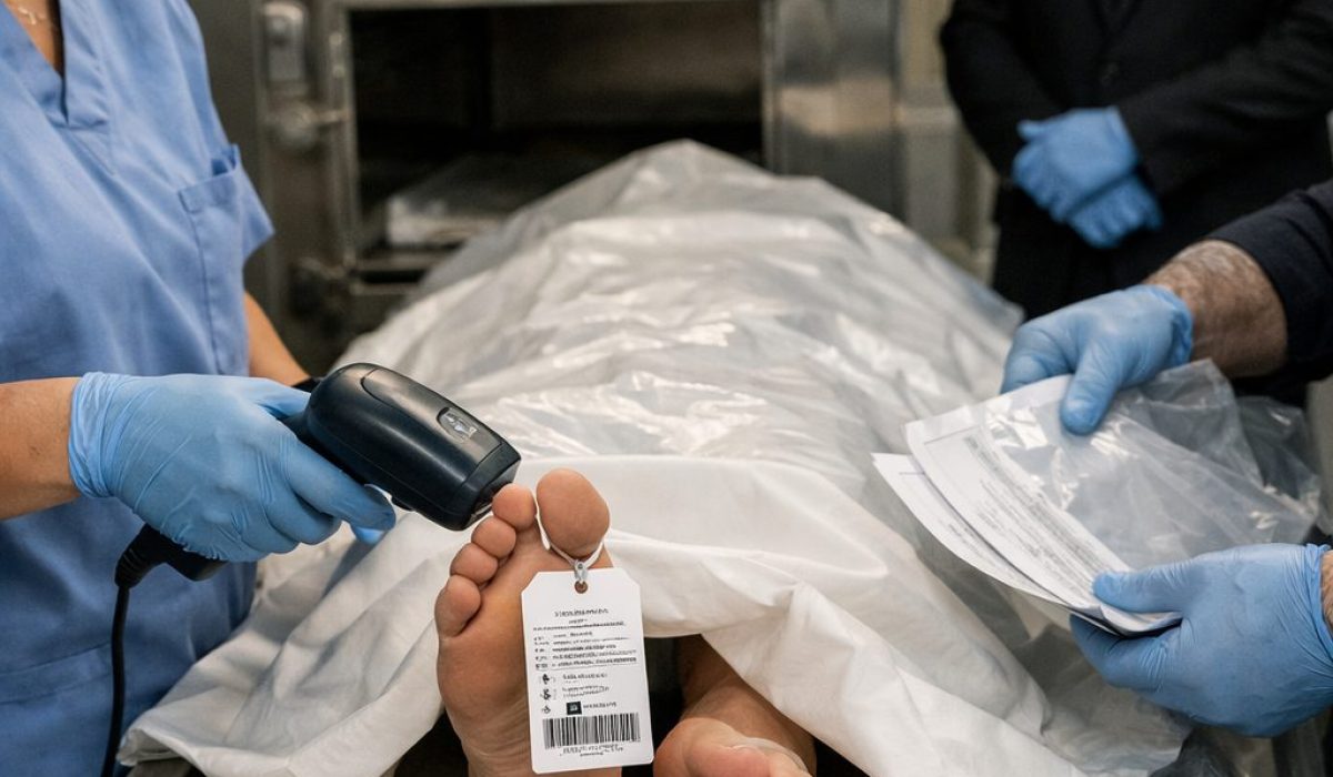 Personnel hospitalier vérifiant l’identification d’un défunt avant la prise en charge par les pompes funèbres