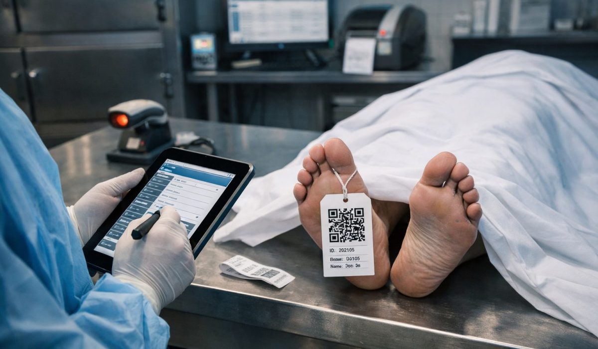 Technicien de morgue utilisant une tablette pour assurer la traçabilité fiable d’un défunt dans une salle mortuaire
