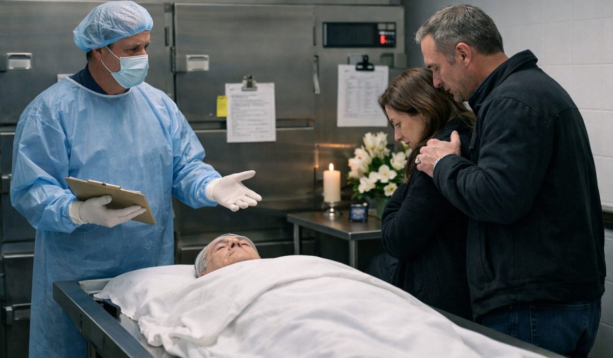 Professionnel de chambre mortuaire vérifiant l’identification du défunt avec une famille afin d’éviter les erreurs de remise du corps