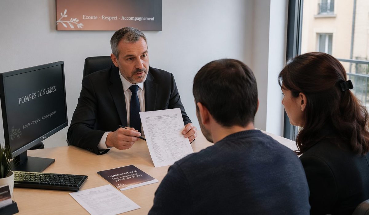 Conseiller en pompes funèbres expliquant les documents nécessaires avant le transfert d’un défunt à une famille