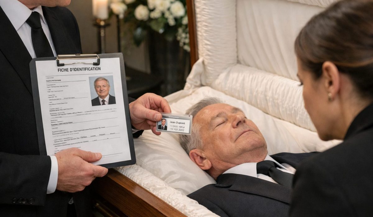 Professionnel funéraire vérifiant l’identité du défunt dans une chambre funéraire avant la présentation à la famille
