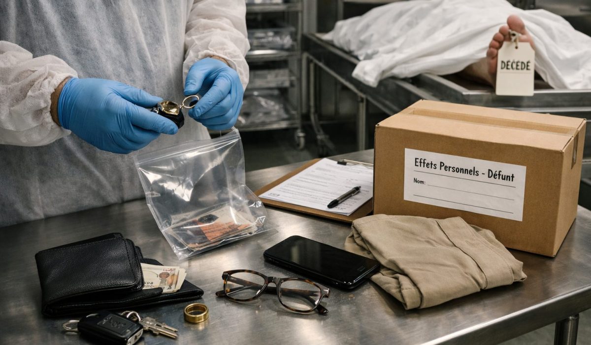 Agent de morgue en train d’inventorier les effets personnels d’un défunt après un décès