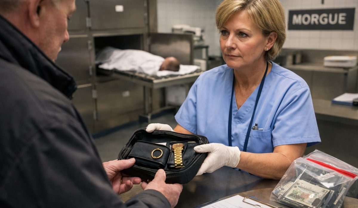 Infirmière remettant des objets de valeur d’un défunt à un proche dans un hôpital, séparément de la morgue