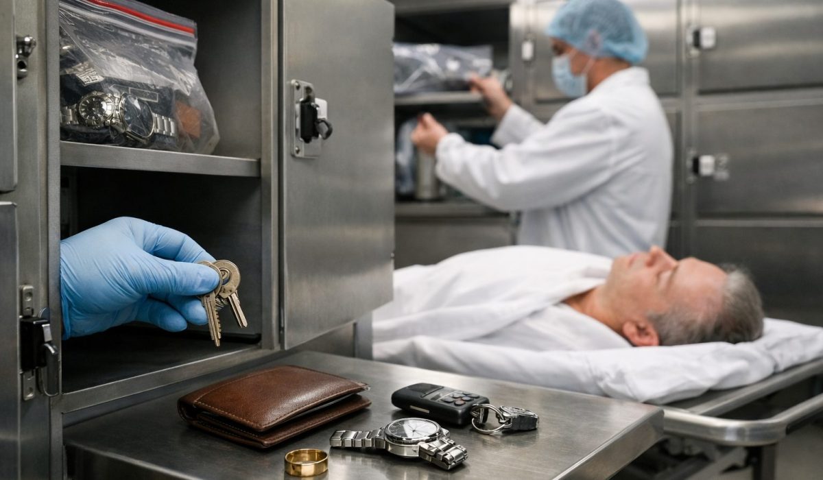 Chambre mortuaire sécurisant les effets personnels du défunt dans des compartiments fermés avec inventaire des objets de valeur