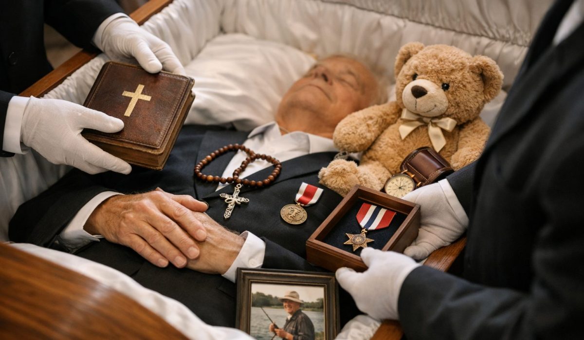 Pompes funèbres plaçant avec soin des objets personnels auprès d’un défunt dans un cercueil lors de la préparation des obsèques