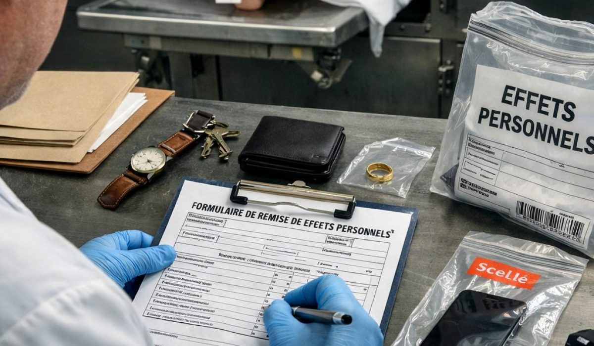 Agent de morgue documentant la remise des effets personnels d’un défunt sur un formulaire avec objets inventoriés et sachets scellés