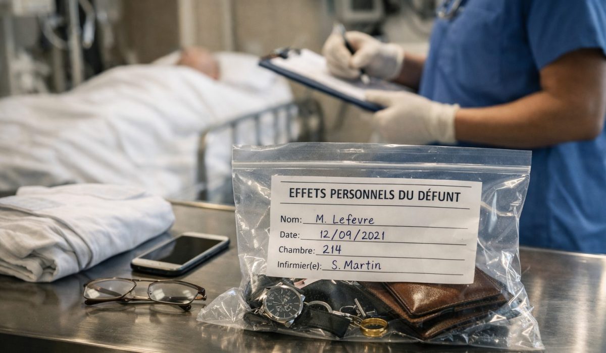 Sac d’effets personnels d’un défunt à l’hôpital avec montre, portefeuille, clés, alliance et téléphone, dans le cadre d’une procédure stricte de traçabilité