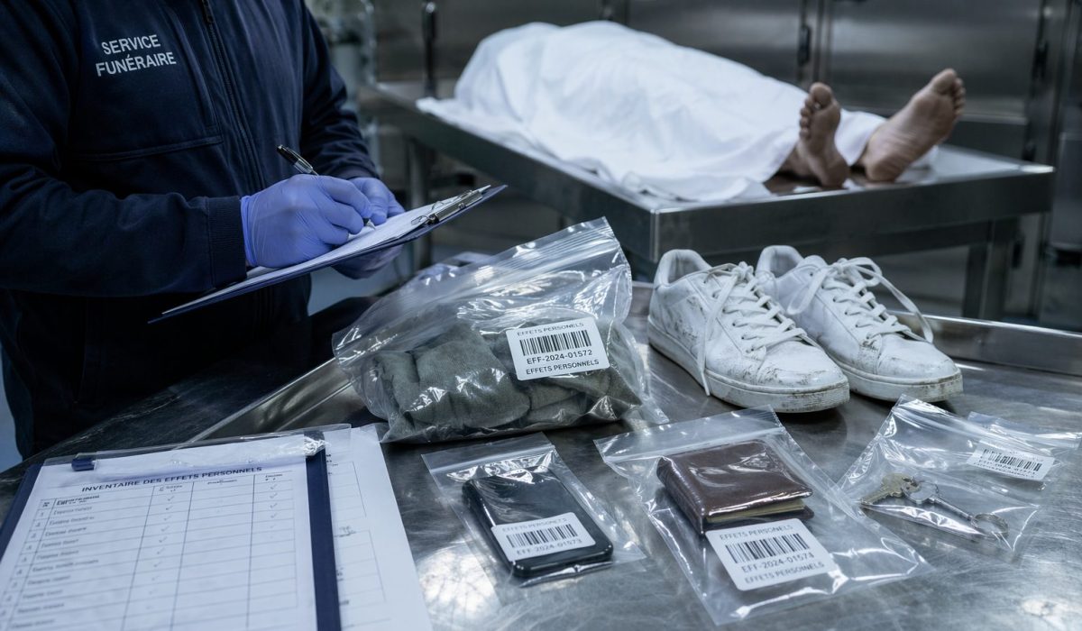 Effets personnels étiquetés sur une table de chambre funéraire pour illustrer la traçabilité des objets et l’identification sécurisée