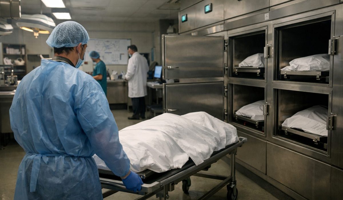 Organisation d’une morgue dans un grand hôpital avec agent hospitalier, chariot mortuaire et chambres réfrigérées