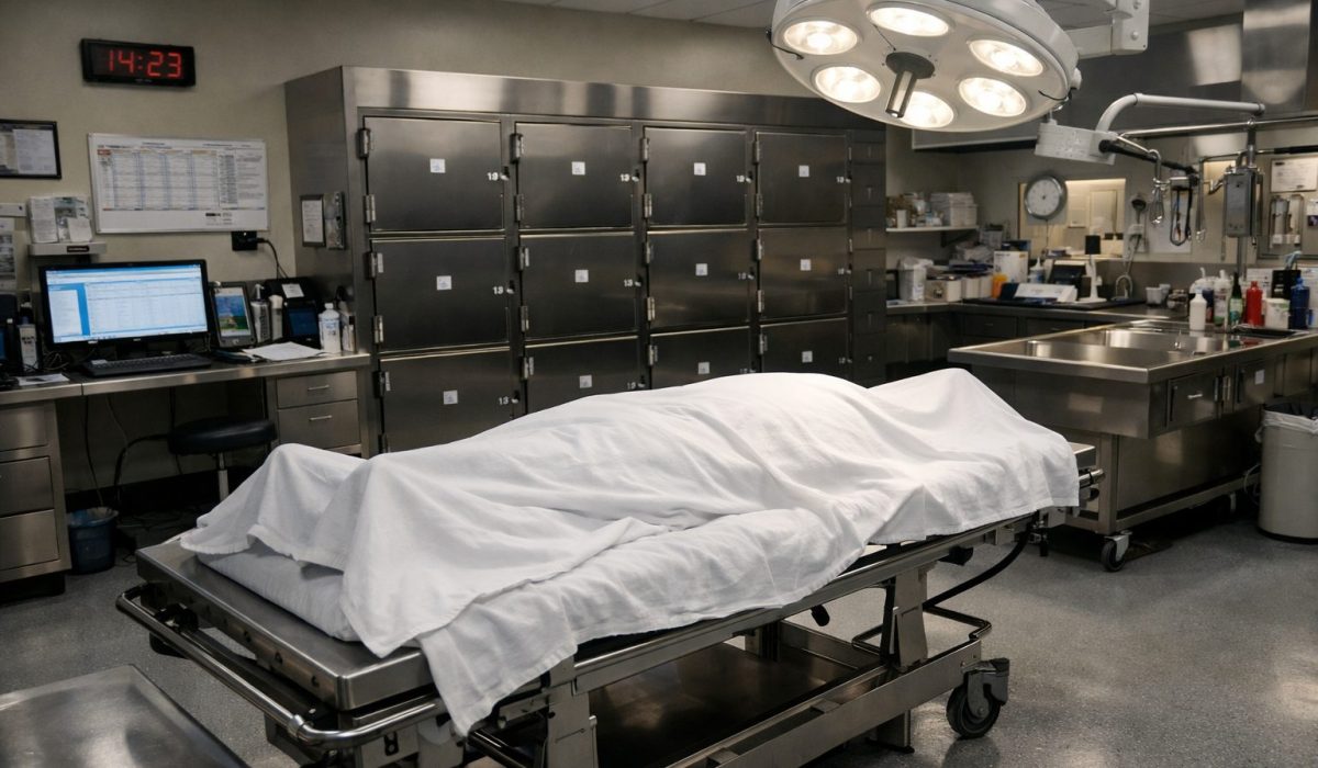 Chambre mortuaire très structurée dans un grand hôpital avec espace organisé, équipements inox et zone de conservation sécurisée