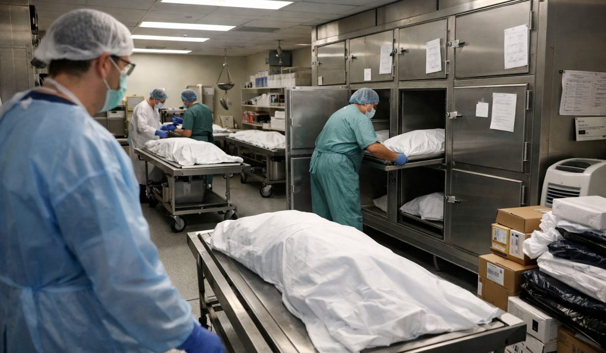 Personnel hospitalier organisant la chambre mortuaire en période de forte activité dans un hôpital