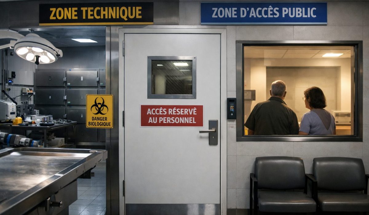 Séparation entre zone technique et zone d’accès dans une morgue avec porte sécurisée et espace d’accueil pour les familles