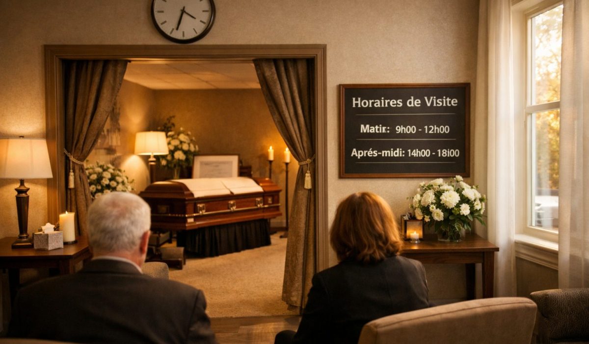Salon de chambre funéraire organisé selon les horaires de visite avec espace de recueillement, cercueil, fleurs et visiteurs dans une ambiance apaisée