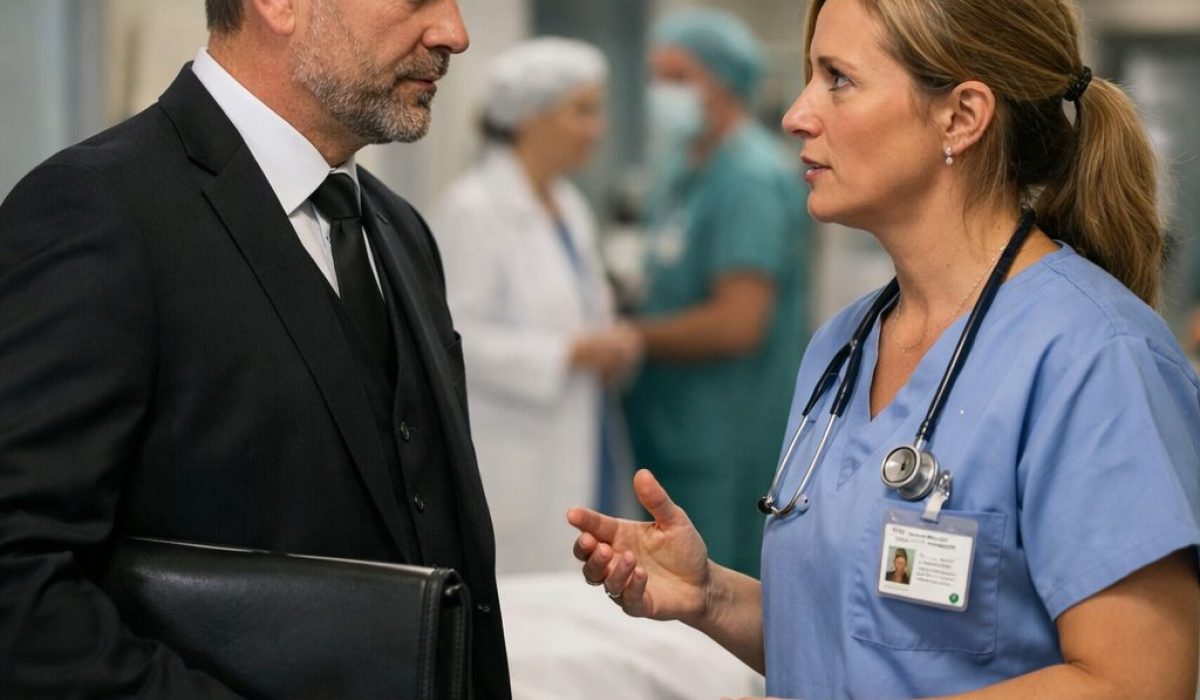 Interlocuteur hospitalier échangeant avec un professionnel des pompes funèbres dans un couloir d’hôpital