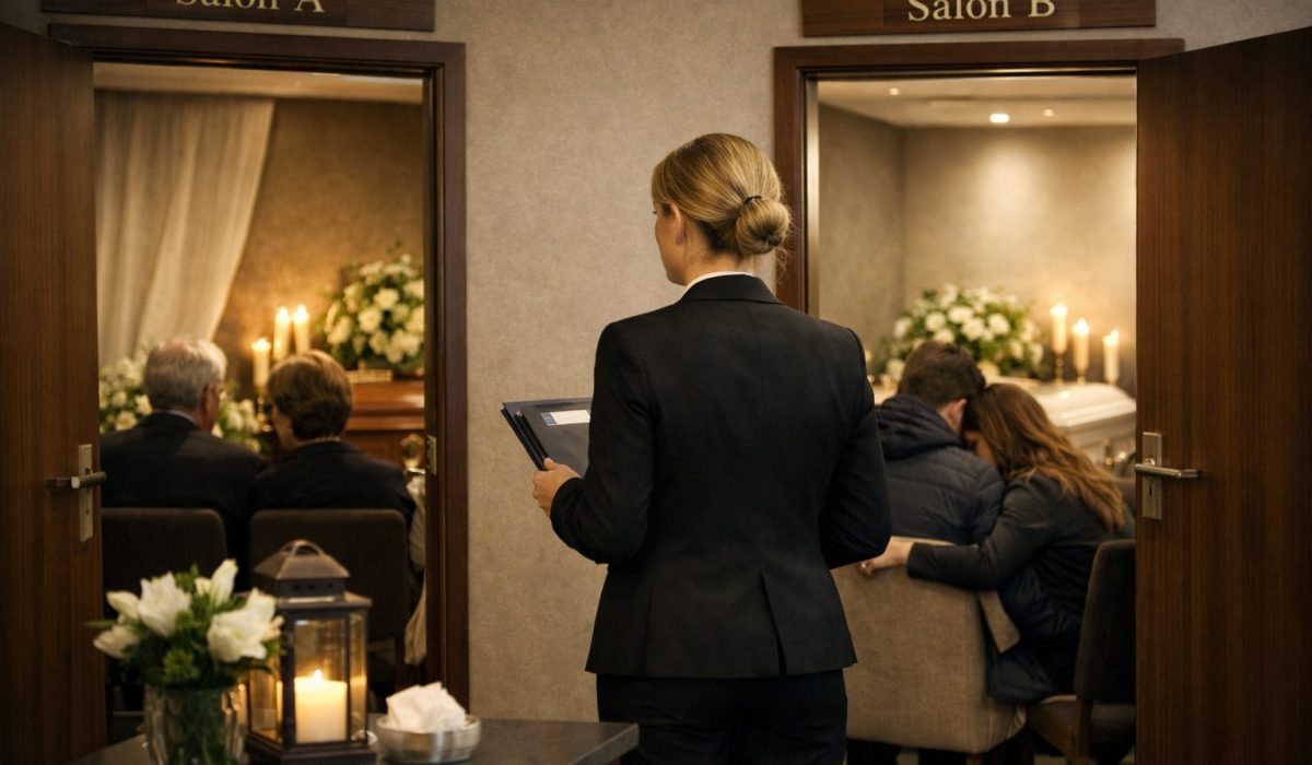 Chambre funéraire avec deux salons de recueillement accueillant plusieurs familles en parallèle dans un cadre calme et organisé