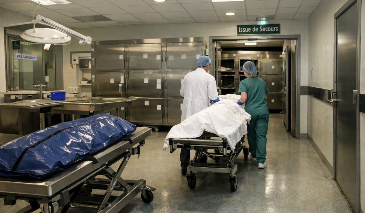 Couloir de chambre mortuaire illustrant l’optimisation de la circulation interne entre zones techniques et espaces de prise en charge