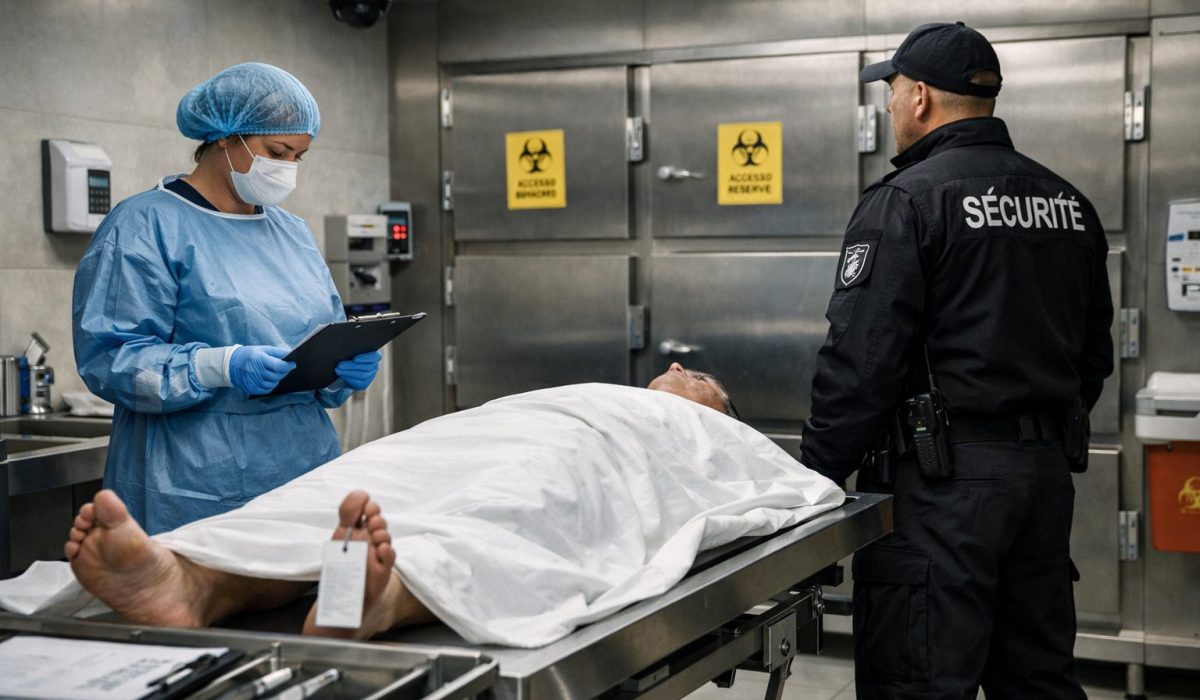 Personnel hospitalier appliquant des procédures renforcées dans une chambre mortuaire d’hôpital