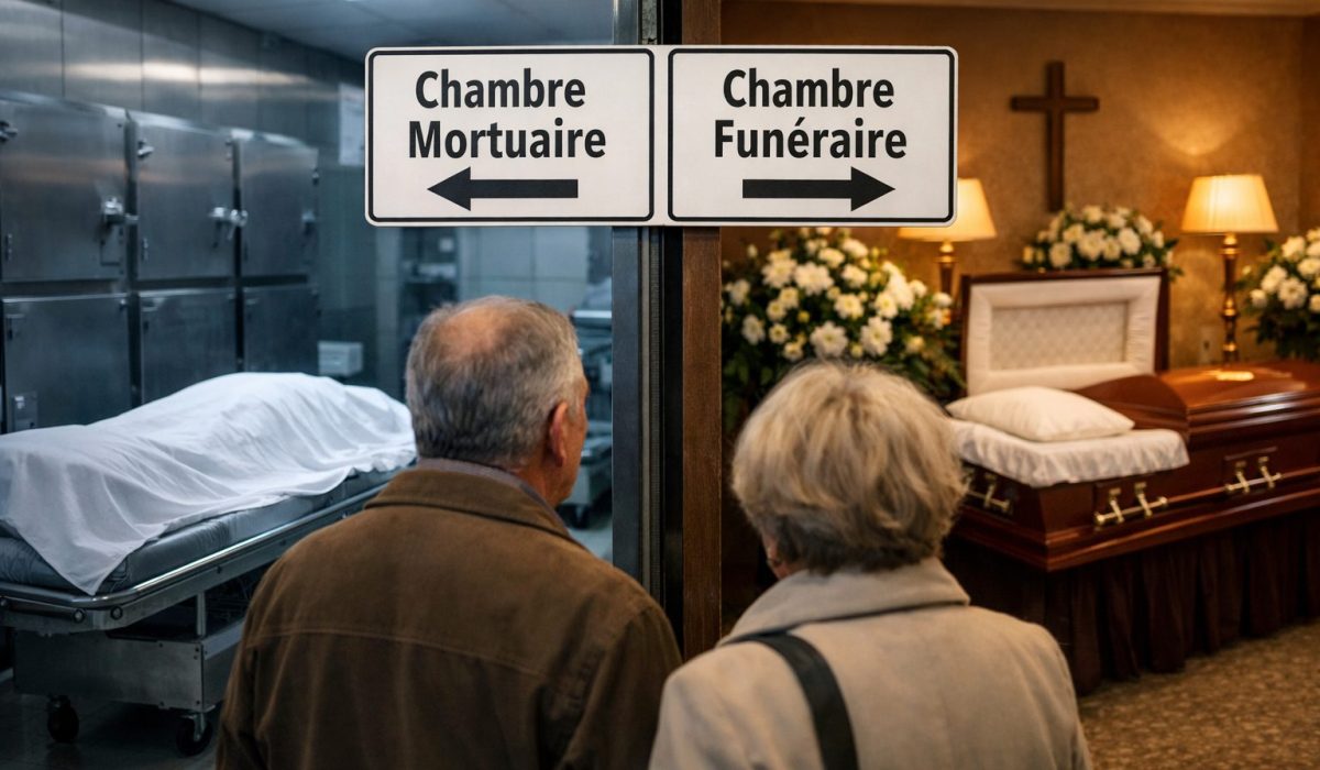 Famille face au choix entre une chambre mortuaire hospitalière et une chambre funéraire après un décès à l’hôpital