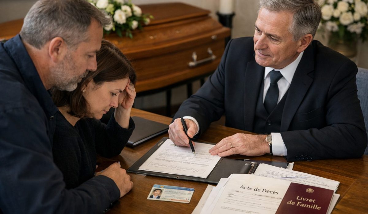 Conseiller funéraire présentant les documents demandés à la famille lors de l’organisation des obsèques