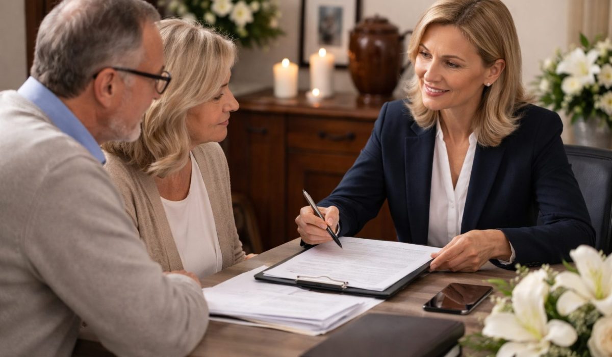 Conseillère en pompes funèbres accompagnant un couple dans les démarches administratives après un décès
