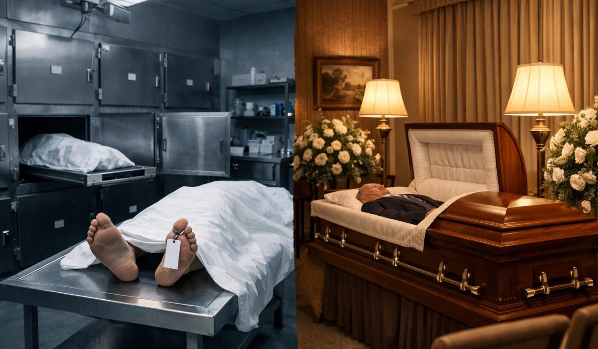 Comparaison réaliste entre une morgue au cadre médical froid et une chambre funéraire au cadre apaisé pour le recueillement des familles