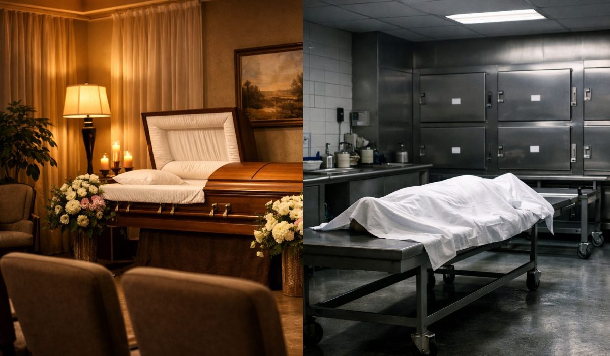 Comparaison entre une chambre funéraire apaisante et une morgue froide montrant un cadre plus humain pour le recueillement des proches