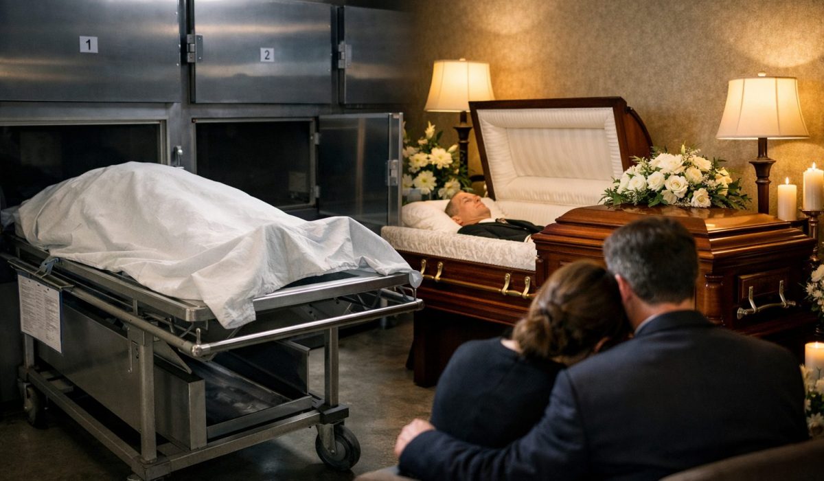 Illustration réaliste d’une chambre mortuaire et d’une chambre funéraire montrant leur rôle complémentaire dans l’accompagnement après un décès