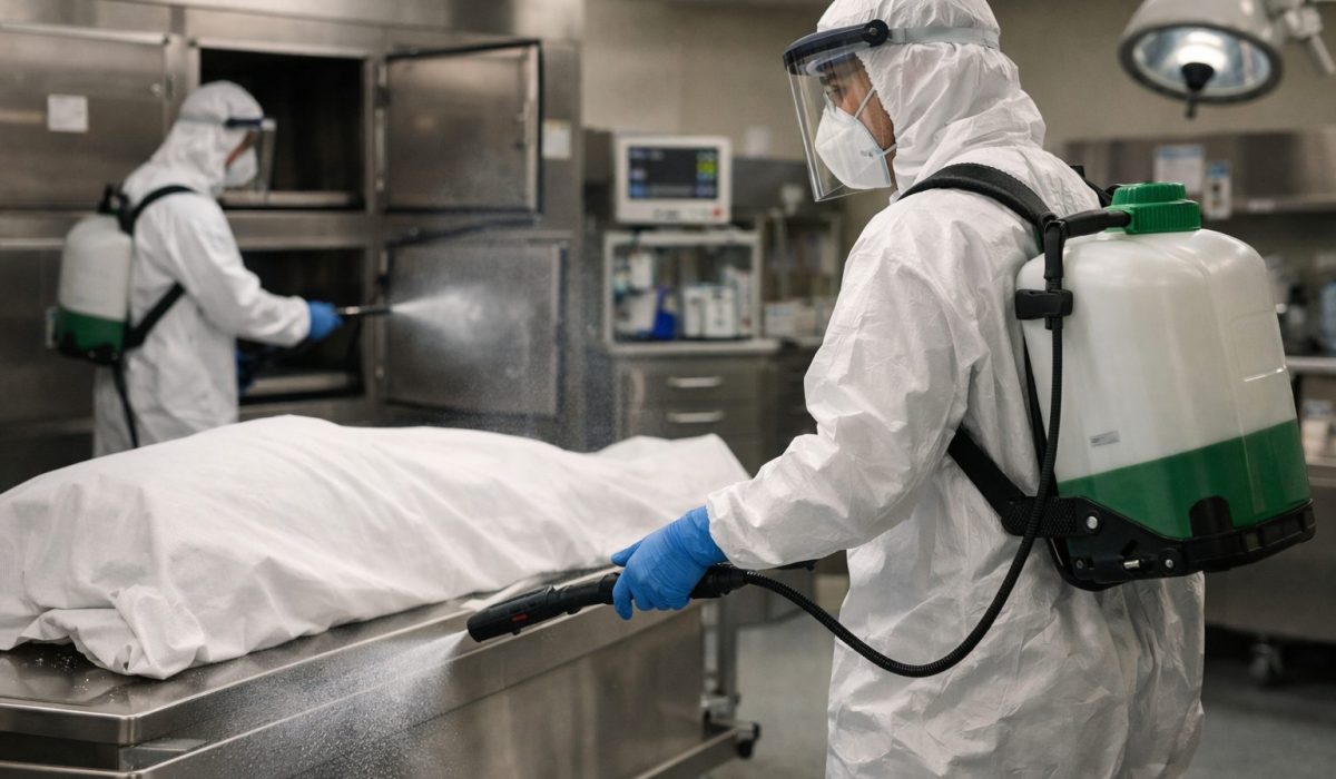 Professionnels en tenue de protection désinfectant une chambre mortuaire pour protéger les proches et le personnel
