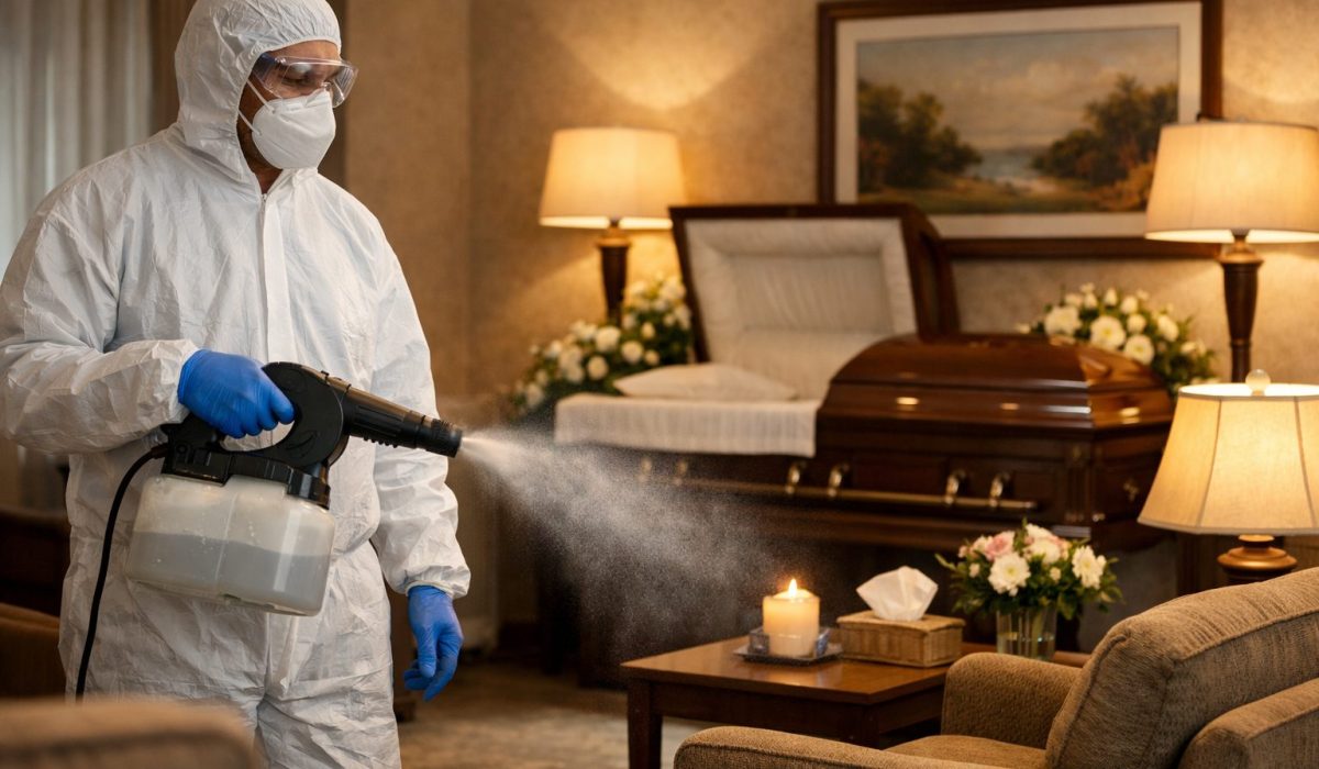 Agent funéraire en tenue de protection désinfectant une chambre funéraire dans une ambiance sobre, propre et chaleureuse.