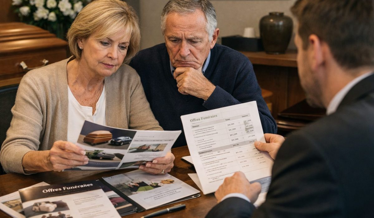 Couple échangeant avec un conseiller funéraire pour comparer plusieurs offres de pompes funèbres avant d’organiser des obsèques