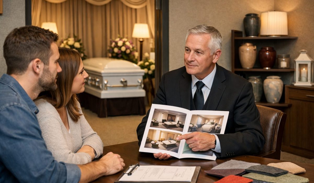 Conseiller des pompes funèbres accompagnant un couple dans le choix d’une chambre funéraire au sein d’un funérarium