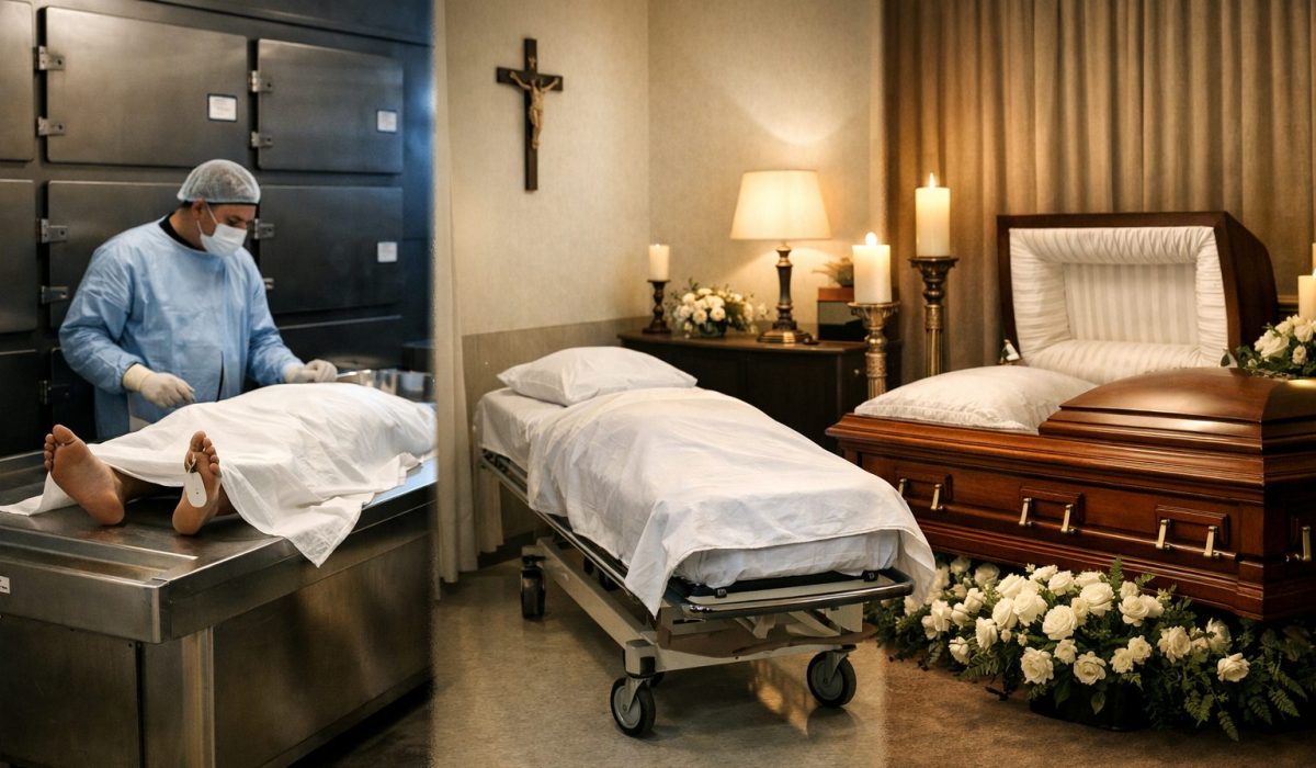 Illustration réaliste montrant la complémentarité entre la morgue, la chambre mortuaire et la chambre funéraire avant les obsèques