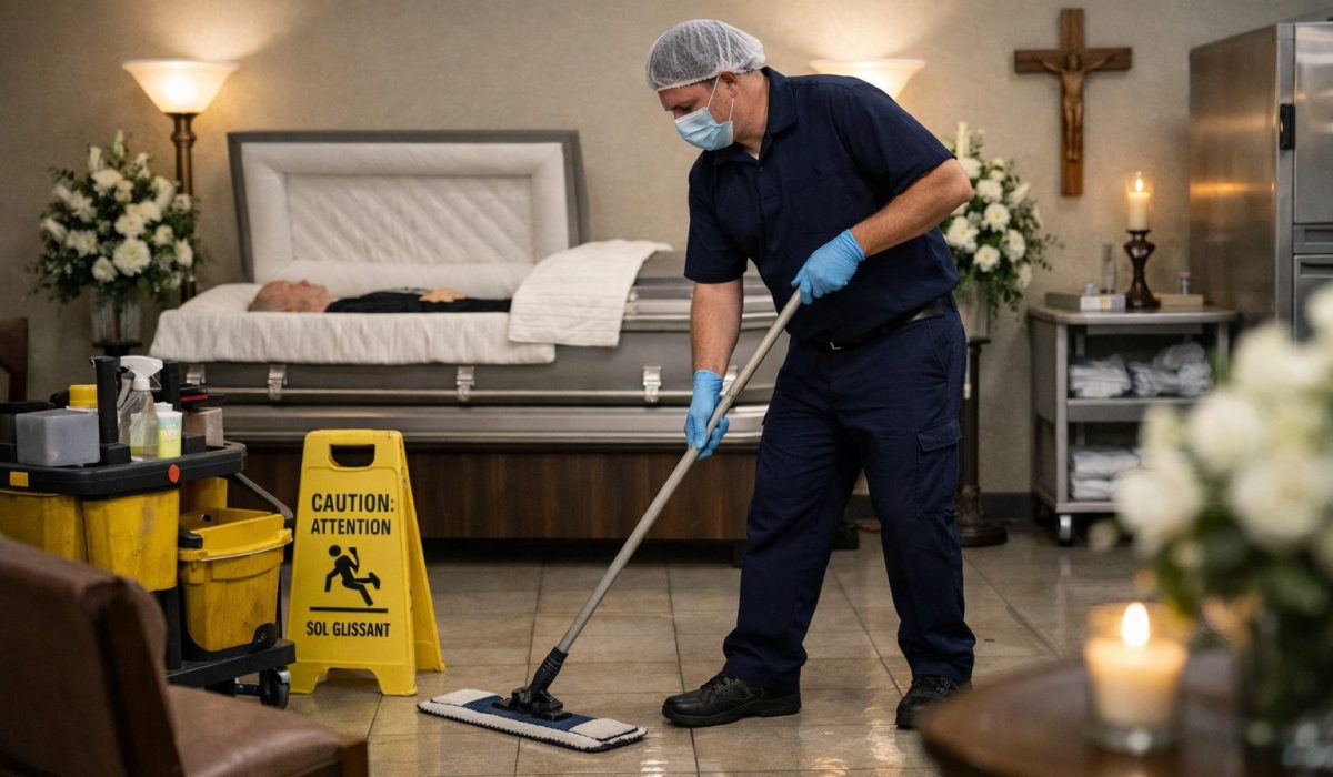 Agent d’entretien nettoyant discrètement une chambre funéraire afin de limiter les nuisances sonores, visuelles et olfactives pendant le recueillement