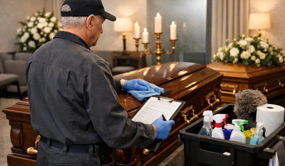 Agent d’entretien dans une chambre funéraire vérifiant le nettoyage et la planification des opérations d’entretien