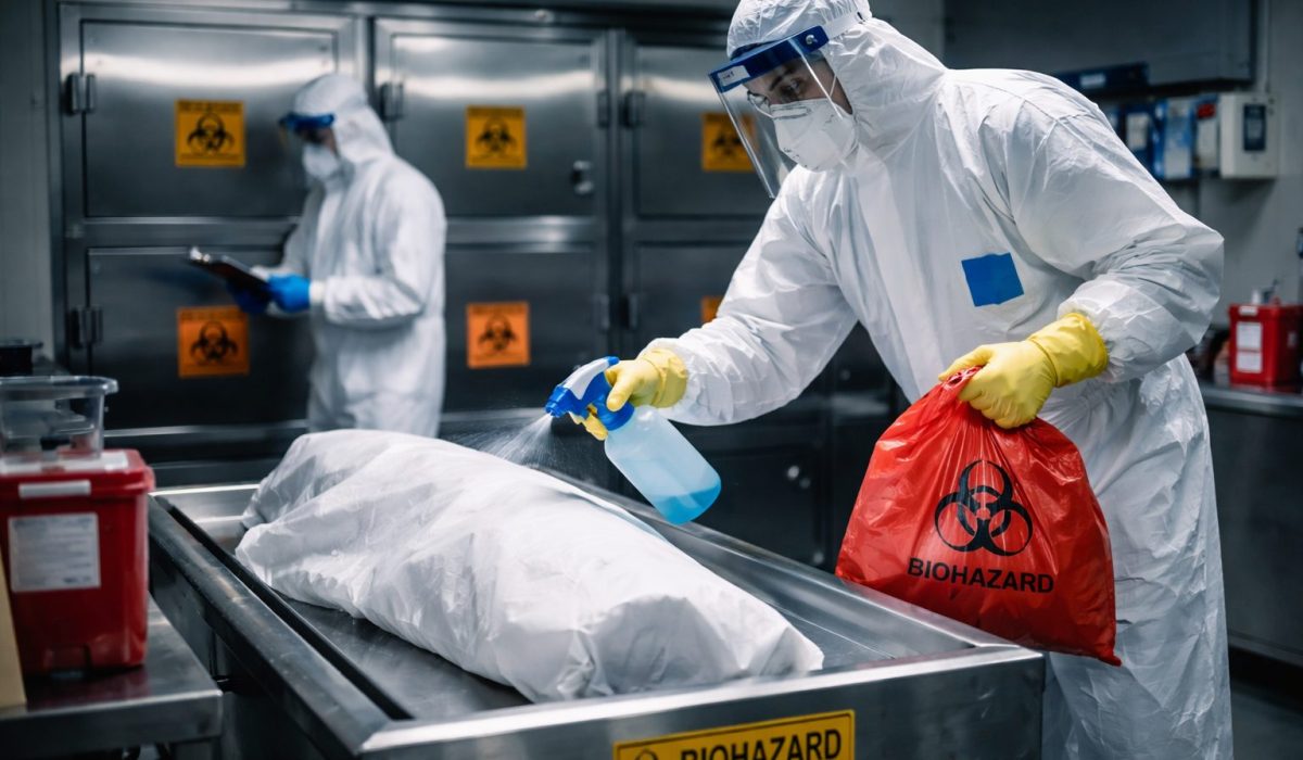 Professionnels en morgue portant des équipements de protection individuelle pour gérer les risques biologiques lors de la prise en charge d’un corps