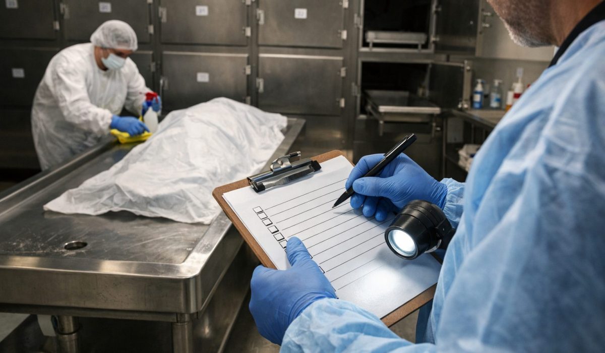 Inspection de la qualité du nettoyage d’une morgue avec agent de contrôle et personnel d’entretien en salle mortuaire