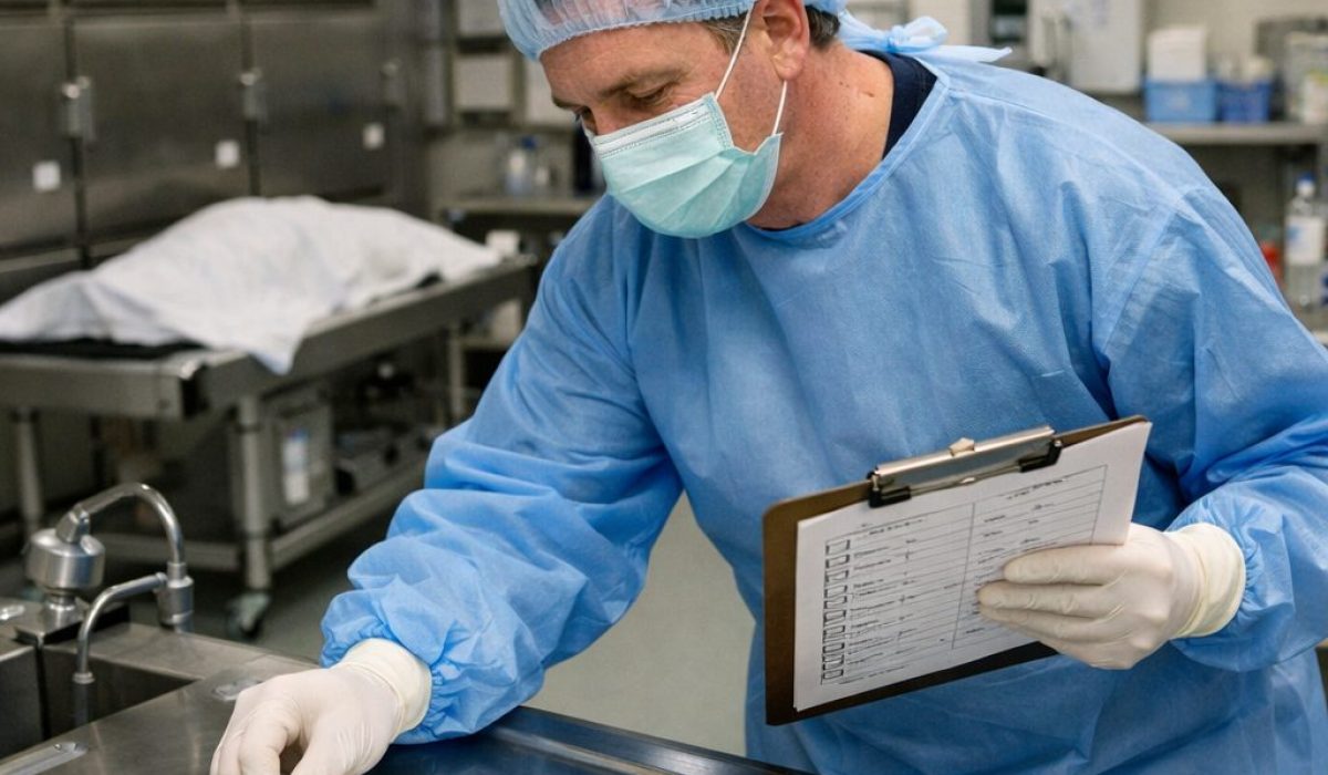 Agent en chambre mortuaire effectuant un contrôle qualité de l’entretien sur une table en acier inoxydable