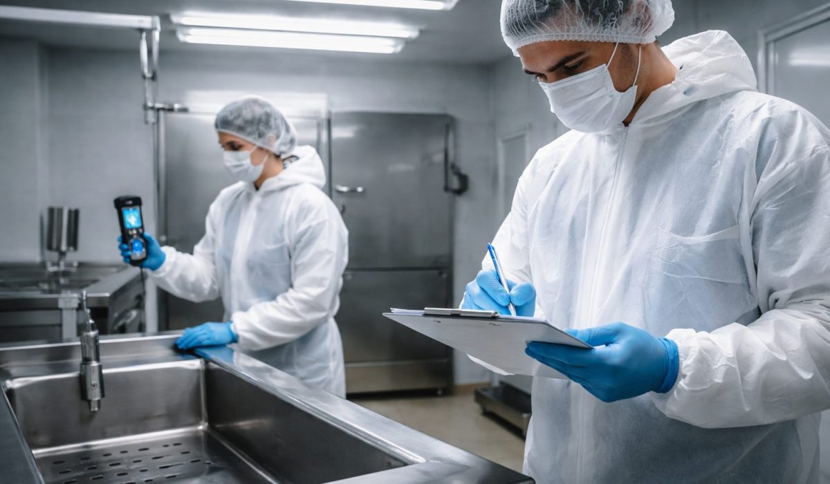 Deux agents en tenue de protection réalisent un contrôle qualité après le nettoyage d’une morgue avec inspection visuelle et vérification sanitaire