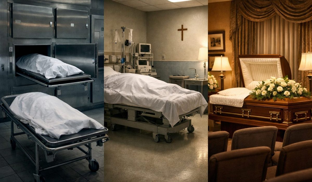 Illustration réaliste montrant la complémentarité entre la morgue, la chambre mortuaire et la chambre funéraire avant les obsèques