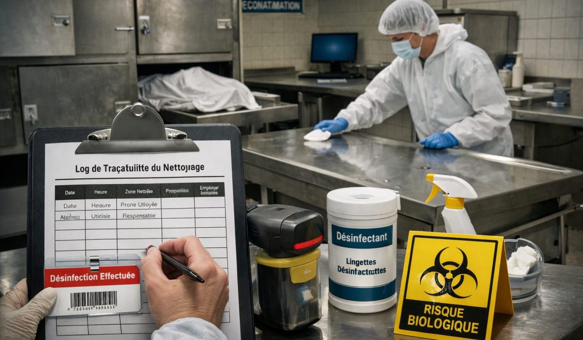 Contrôle de traçabilité du nettoyage dans une morgue avec fiche de suivi et zone d’hygiène sécurisée