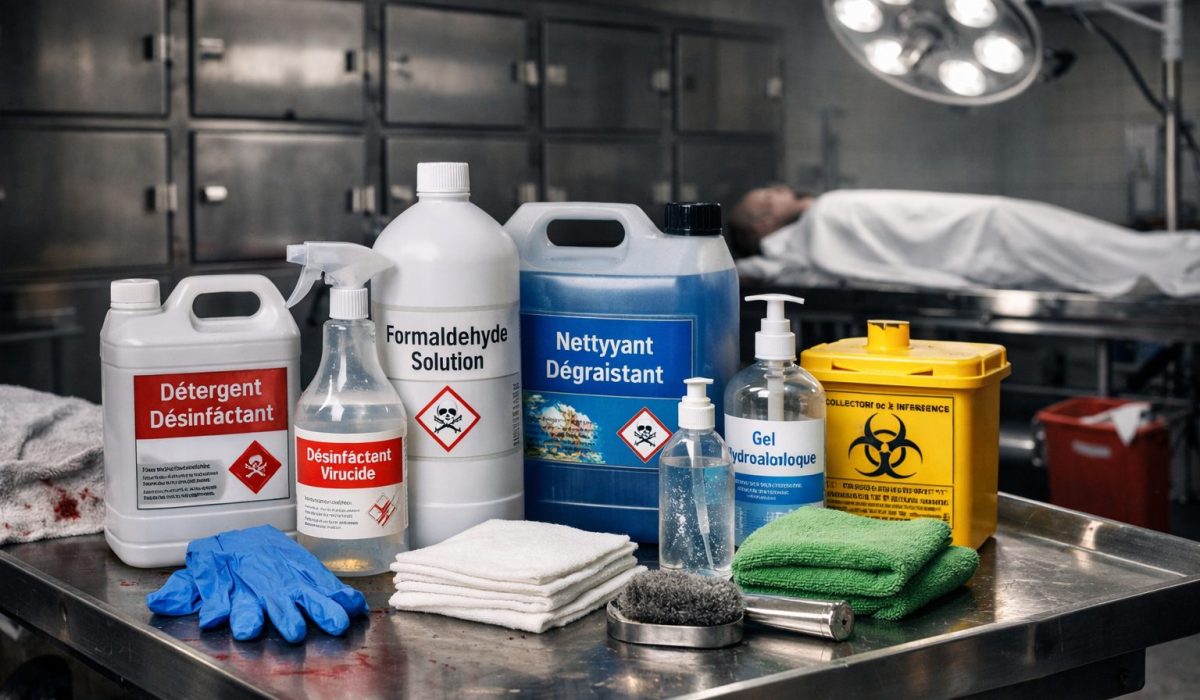 Produits professionnels utilisés pour le nettoyage de morgue sur une table inox dans une salle technique mortuaire