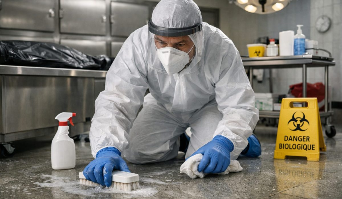 Agent de nettoyage en tenue de protection désinfectant le sol d’une chambre mortuaire dans un environnement sanitaire sécurisé